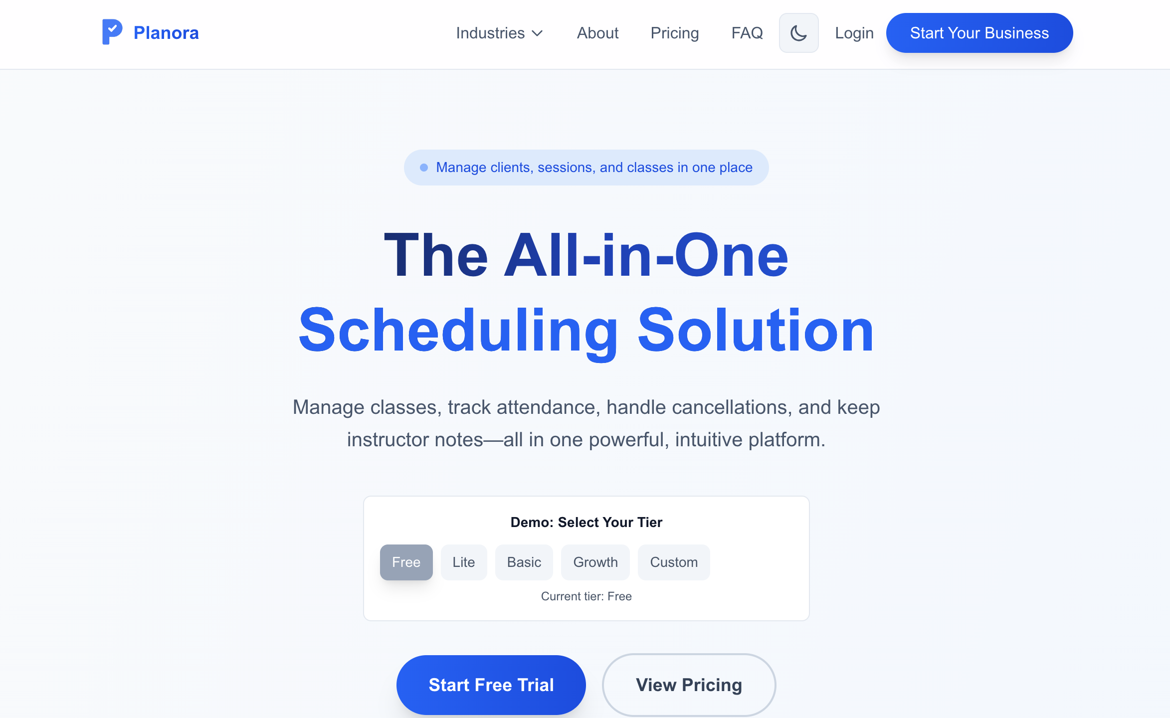 Planora homepage showing its scheduling solution